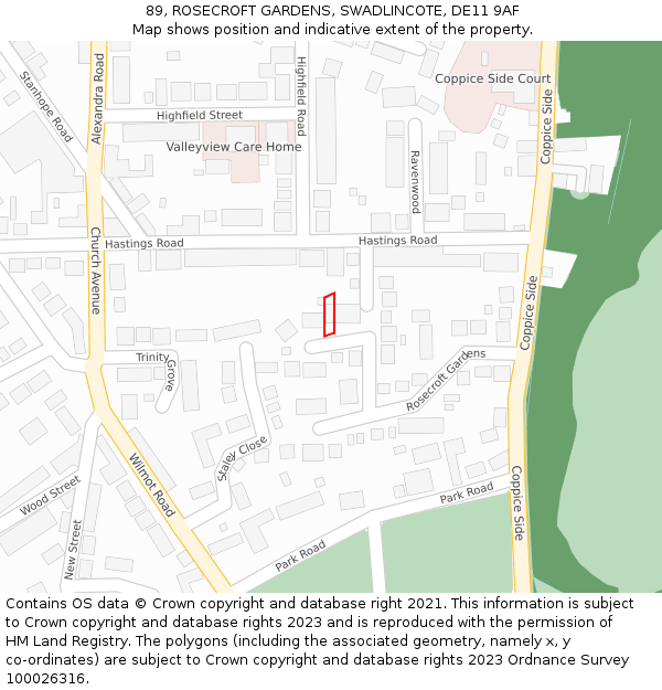 89, ROSECROFT GARDENS, SWADLINCOTE, DE11 9AF: Location map and indicative extent of plot
