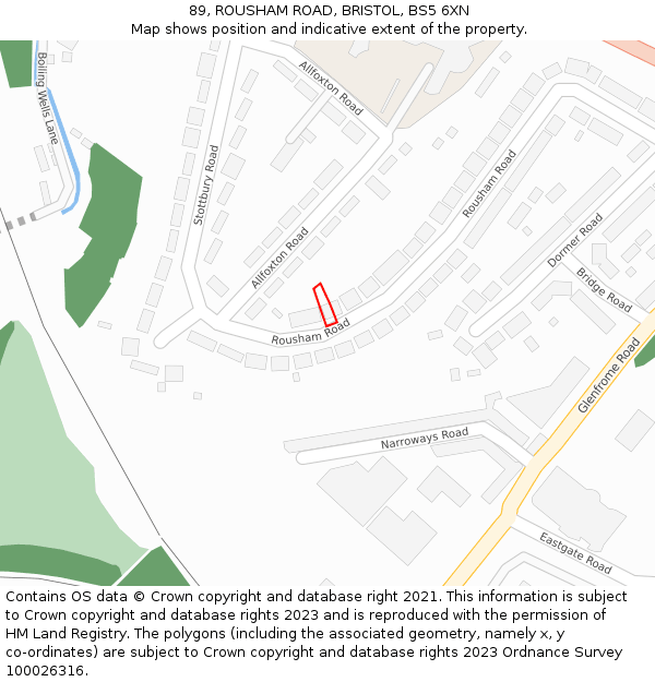 89, ROUSHAM ROAD, BRISTOL, BS5 6XN: Location map and indicative extent of plot
