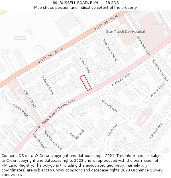 89, RUSSELL ROAD, RHYL, LL18 3DS: Location map and indicative extent of plot