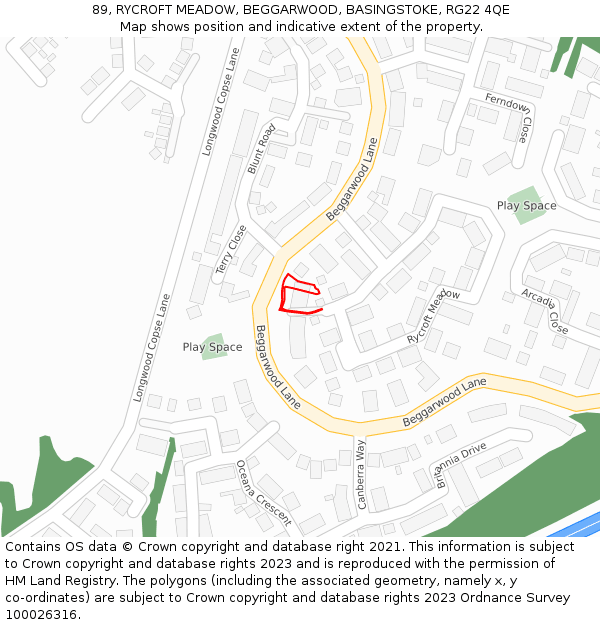 89, RYCROFT MEADOW, BEGGARWOOD, BASINGSTOKE, RG22 4QE: Location map and indicative extent of plot