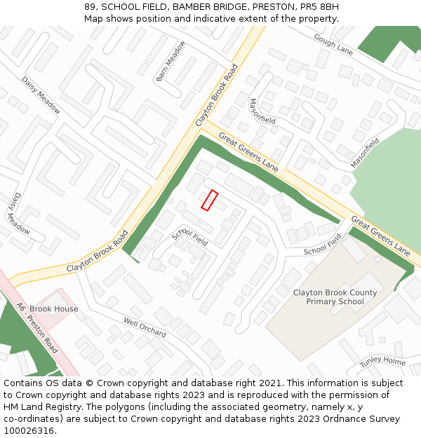 89, SCHOOL FIELD, BAMBER BRIDGE, PRESTON, PR5 8BH: Location map and indicative extent of plot