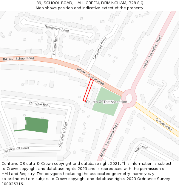 89, SCHOOL ROAD, HALL GREEN, BIRMINGHAM, B28 8JQ: Location map and indicative extent of plot
