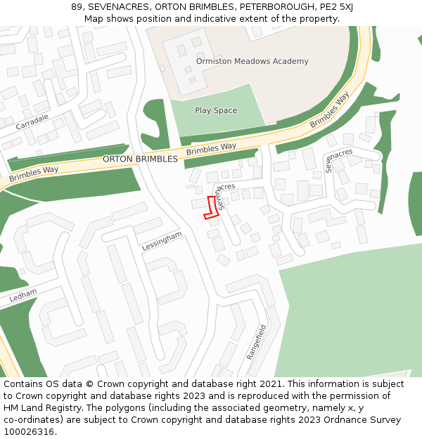 89, SEVENACRES, ORTON BRIMBLES, PETERBOROUGH, PE2 5XJ: Location map and indicative extent of plot