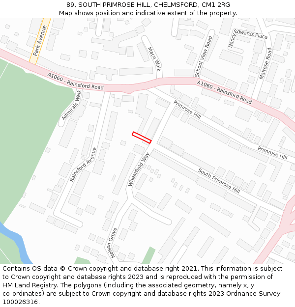 89, SOUTH PRIMROSE HILL, CHELMSFORD, CM1 2RG: Location map and indicative extent of plot