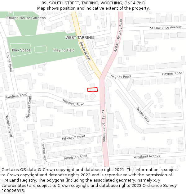 89, SOUTH STREET, TARRING, WORTHING, BN14 7ND: Location map and indicative extent of plot