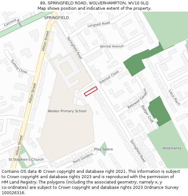 89, SPRINGFIELD ROAD, WOLVERHAMPTON, WV10 0LQ: Location map and indicative extent of plot