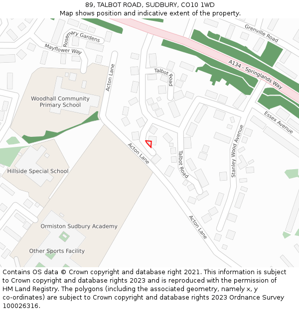 89, TALBOT ROAD, SUDBURY, CO10 1WD: Location map and indicative extent of plot