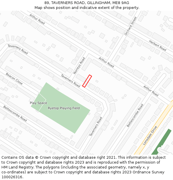 89, TAVERNERS ROAD, GILLINGHAM, ME8 9AG: Location map and indicative extent of plot