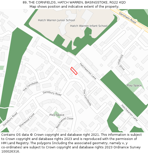 89, THE CORNFIELDS, HATCH WARREN, BASINGSTOKE, RG22 4QD: Location map and indicative extent of plot