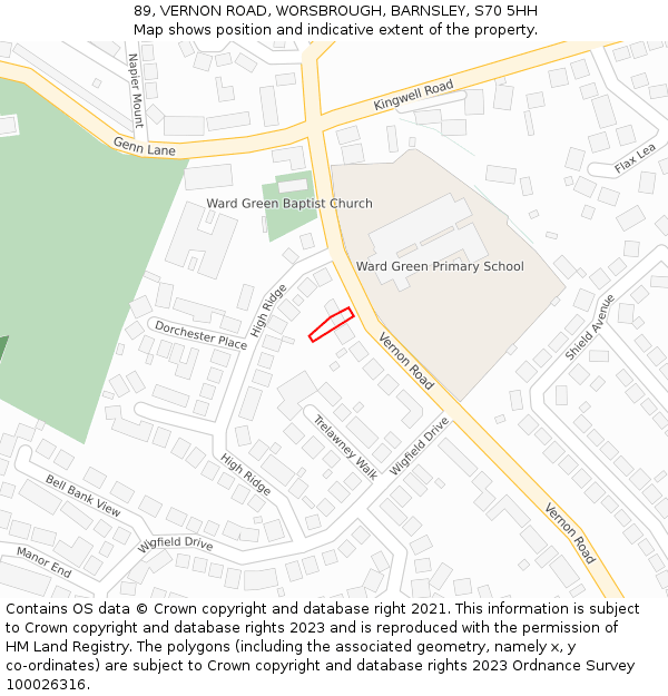 89, VERNON ROAD, WORSBROUGH, BARNSLEY, S70 5HH: Location map and indicative extent of plot