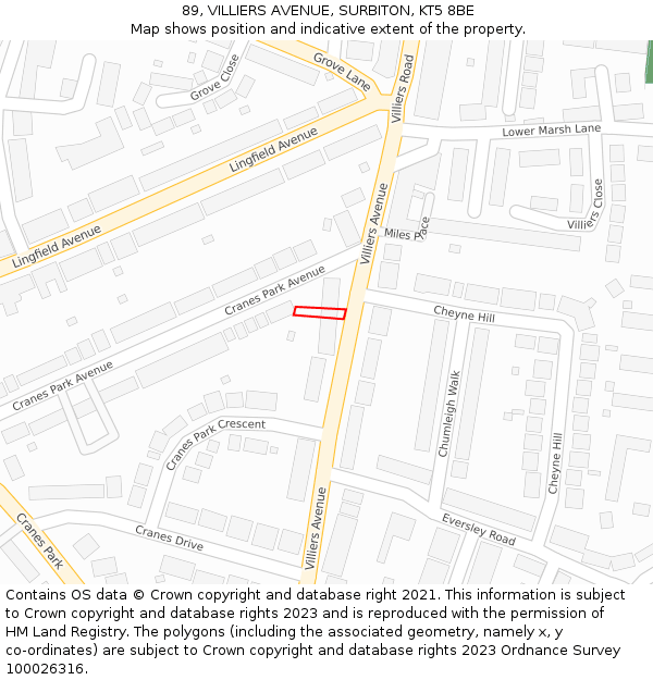 89, VILLIERS AVENUE, SURBITON, KT5 8BE: Location map and indicative extent of plot