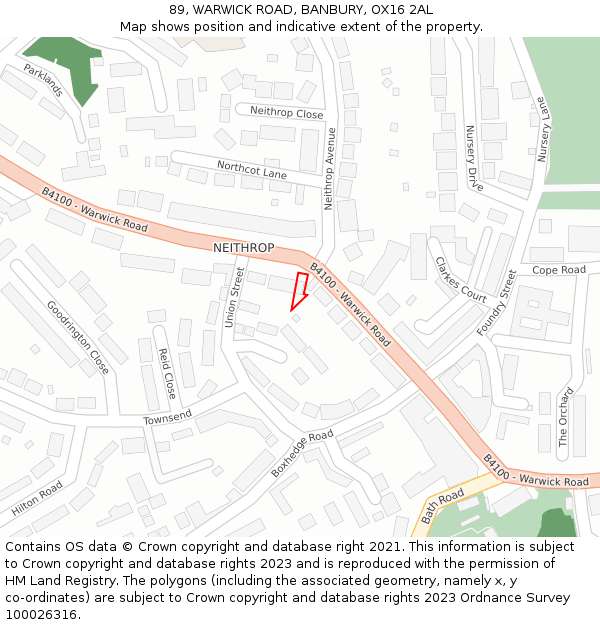 89, WARWICK ROAD, BANBURY, OX16 2AL: Location map and indicative extent of plot