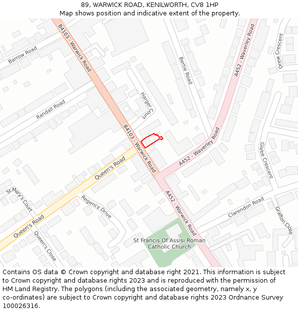 89, WARWICK ROAD, KENILWORTH, CV8 1HP: Location map and indicative extent of plot