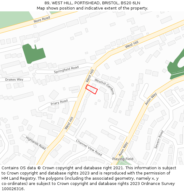 89, WEST HILL, PORTISHEAD, BRISTOL, BS20 6LN: Location map and indicative extent of plot