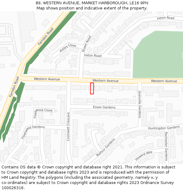 89, WESTERN AVENUE, MARKET HARBOROUGH, LE16 9PN: Location map and indicative extent of plot