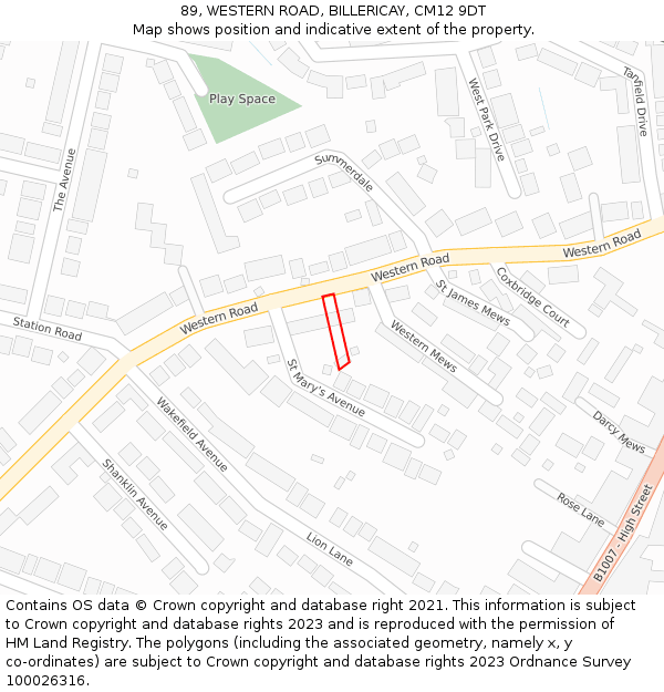 89, WESTERN ROAD, BILLERICAY, CM12 9DT: Location map and indicative extent of plot