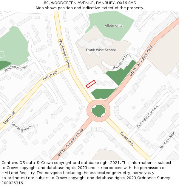 89, WOODGREEN AVENUE, BANBURY, OX16 0AS: Location map and indicative extent of plot
