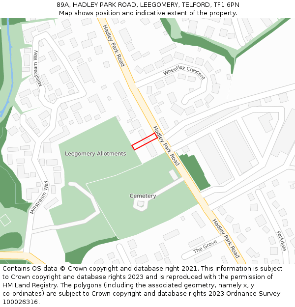 89A, HADLEY PARK ROAD, LEEGOMERY, TELFORD, TF1 6PN: Location map and indicative extent of plot