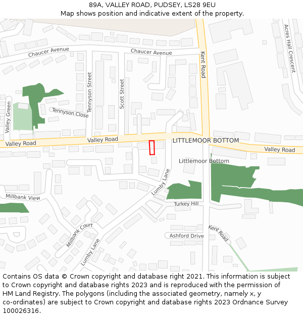 89A, VALLEY ROAD, PUDSEY, LS28 9EU: Location map and indicative extent of plot