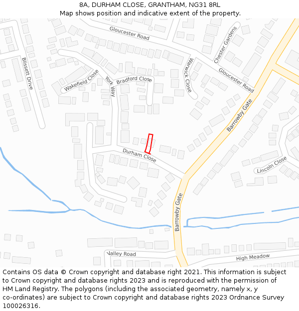 8A, DURHAM CLOSE, GRANTHAM, NG31 8RL: Location map and indicative extent of plot