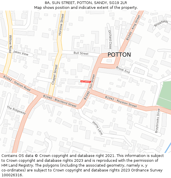 8A, SUN STREET, POTTON, SANDY, SG19 2LR: Location map and indicative extent of plot
