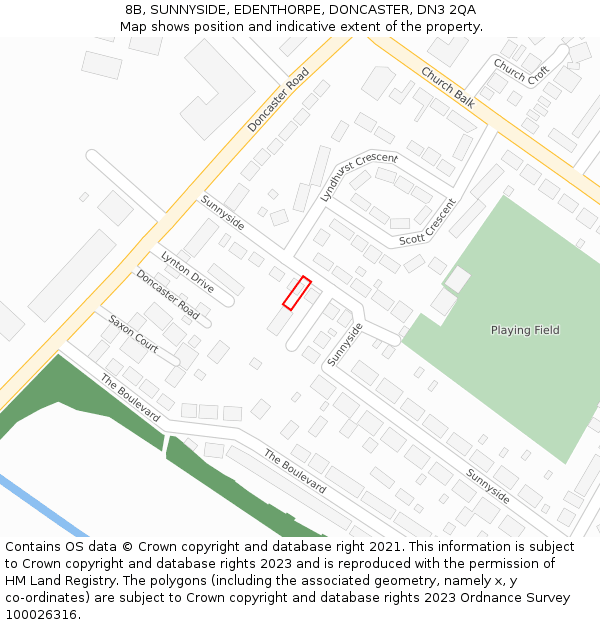 8B, SUNNYSIDE, EDENTHORPE, DONCASTER, DN3 2QA: Location map and indicative extent of plot