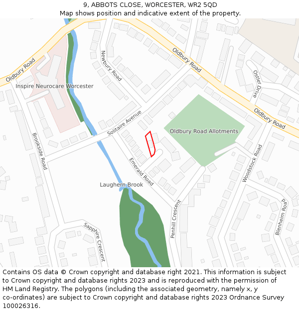 9, ABBOTS CLOSE, WORCESTER, WR2 5QD: Location map and indicative extent of plot