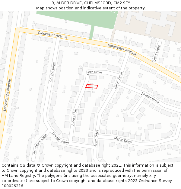 9, ALDER DRIVE, CHELMSFORD, CM2 9EY: Location map and indicative extent of plot