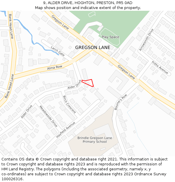 9, ALDER DRIVE, HOGHTON, PRESTON, PR5 0AD: Location map and indicative extent of plot