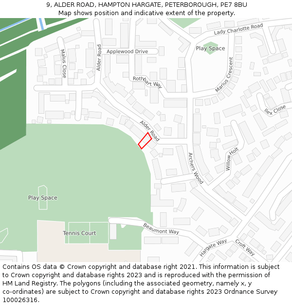 9, ALDER ROAD, HAMPTON HARGATE, PETERBOROUGH, PE7 8BU: Location map and indicative extent of plot