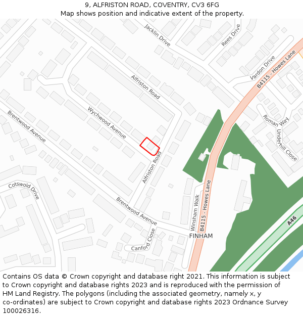 9, ALFRISTON ROAD, COVENTRY, CV3 6FG: Location map and indicative extent of plot