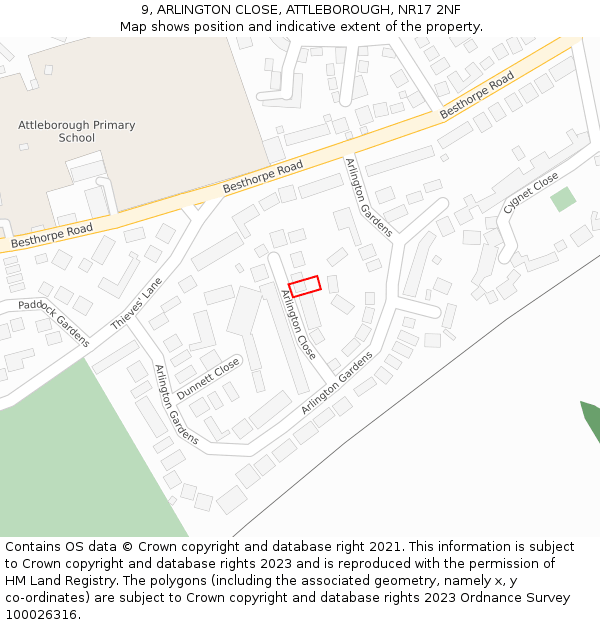 9, ARLINGTON CLOSE, ATTLEBOROUGH, NR17 2NF: Location map and indicative extent of plot
