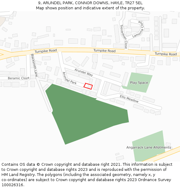 9, ARUNDEL PARK, CONNOR DOWNS, HAYLE, TR27 5EL: Location map and indicative extent of plot