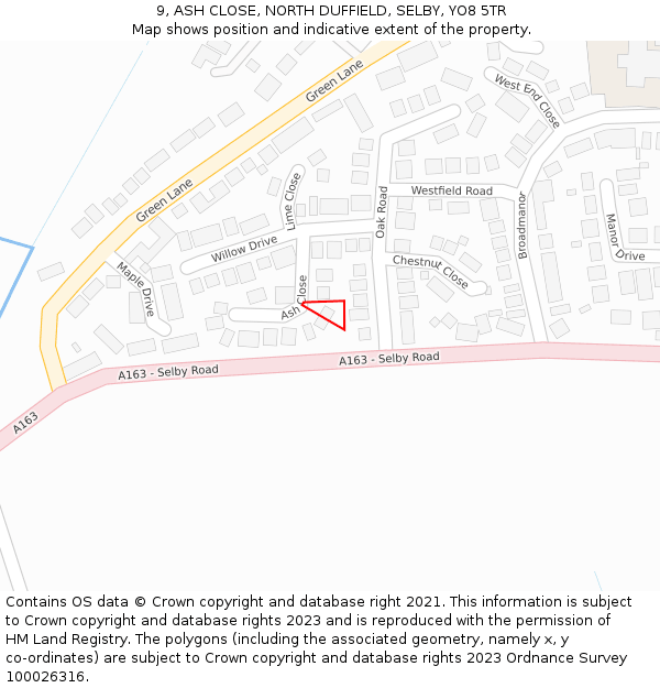 9, ASH CLOSE, NORTH DUFFIELD, SELBY, YO8 5TR: Location map and indicative extent of plot