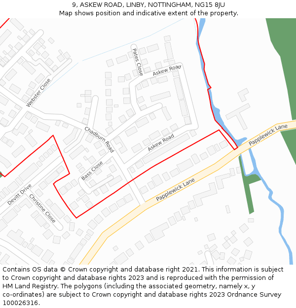 9, ASKEW ROAD, LINBY, NOTTINGHAM, NG15 8JU: Location map and indicative extent of plot