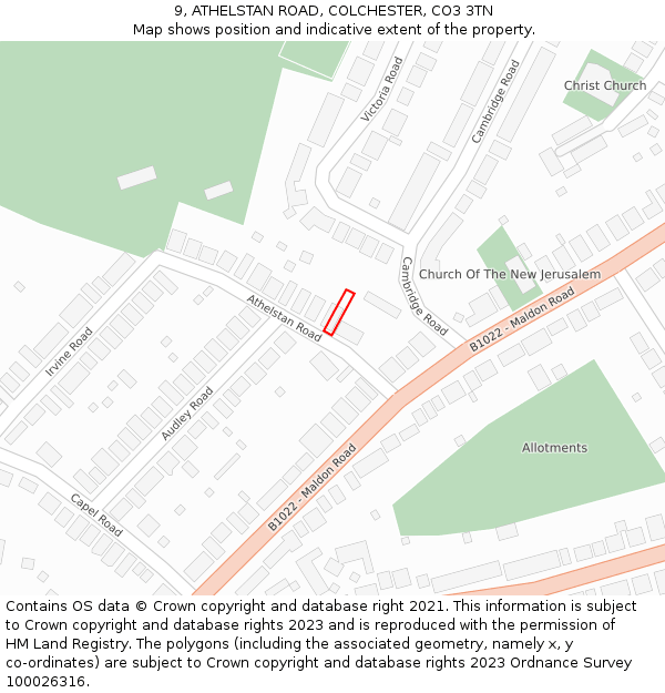 9, ATHELSTAN ROAD, COLCHESTER, CO3 3TN: Location map and indicative extent of plot