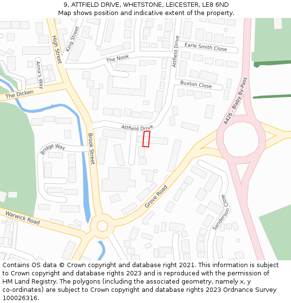 9, ATTFIELD DRIVE, WHETSTONE, LEICESTER, LE8 6ND: Location map and indicative extent of plot