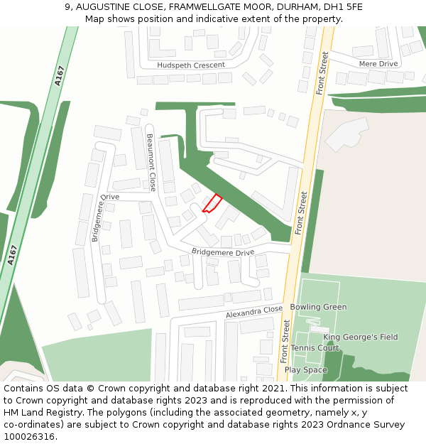 9, AUGUSTINE CLOSE, FRAMWELLGATE MOOR, DURHAM, DH1 5FE: Location map and indicative extent of plot