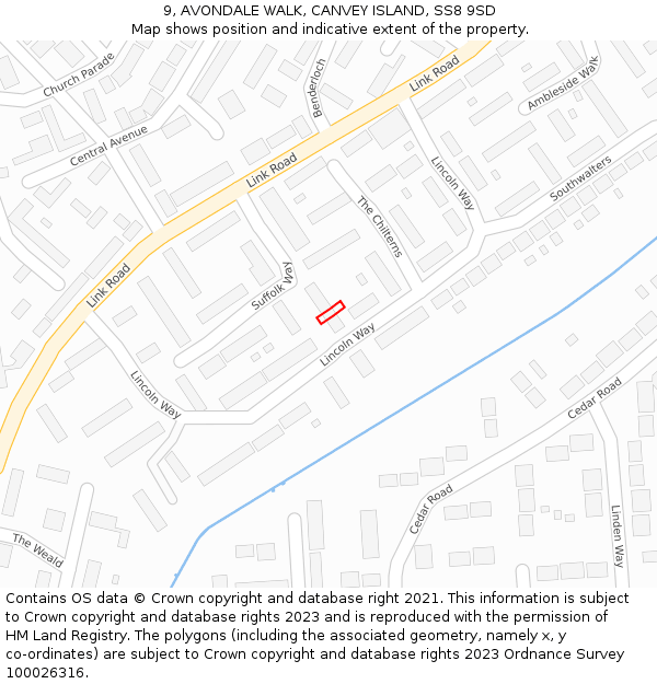 9, AVONDALE WALK, CANVEY ISLAND, SS8 9SD: Location map and indicative extent of plot