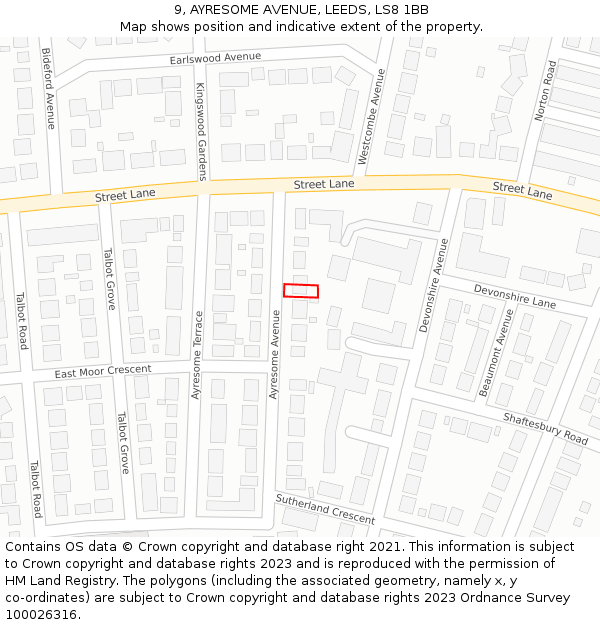 9, AYRESOME AVENUE, LEEDS, LS8 1BB: Location map and indicative extent of plot