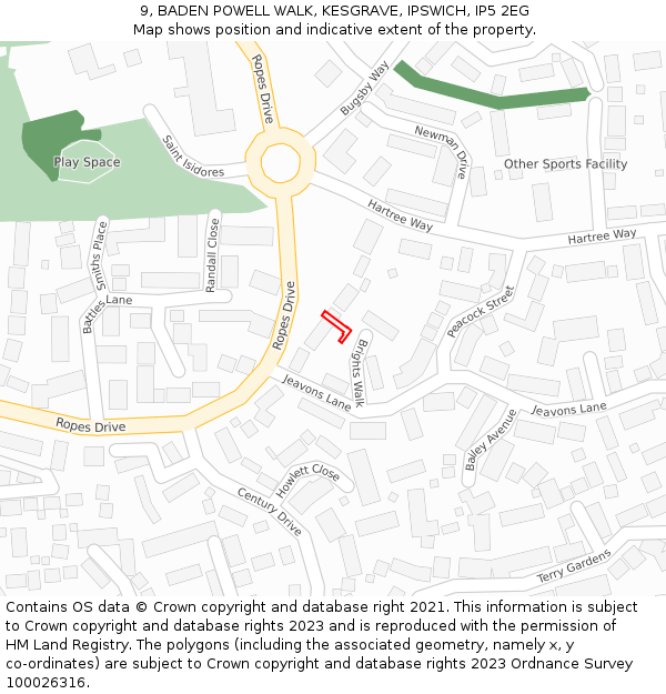 9, BADEN POWELL WALK, KESGRAVE, IPSWICH, IP5 2EG: Location map and indicative extent of plot
