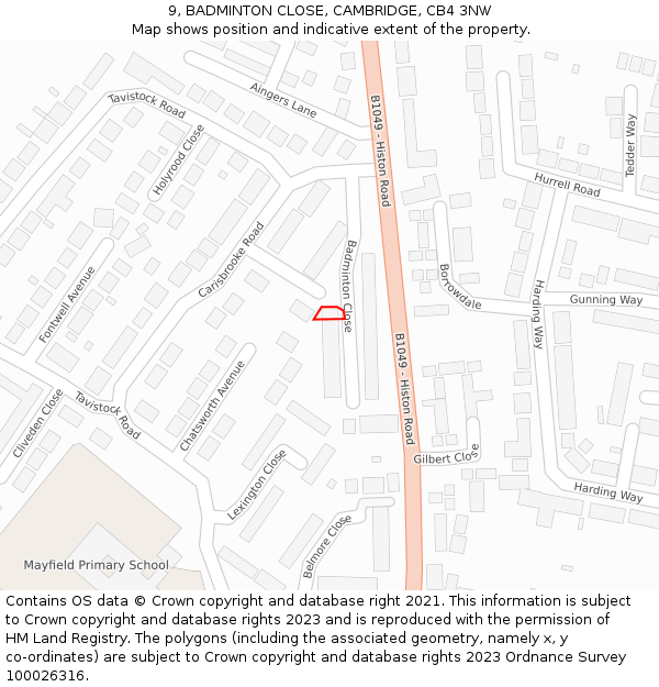 9, BADMINTON CLOSE, CAMBRIDGE, CB4 3NW: Location map and indicative extent of plot