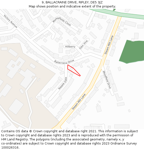 9, BALLACRAINE DRIVE, RIPLEY, DE5 3JZ: Location map and indicative extent of plot