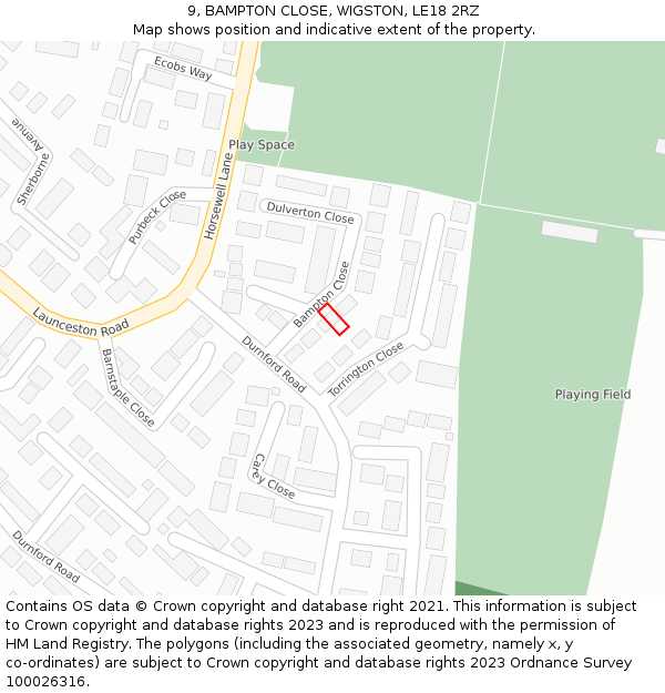 9, BAMPTON CLOSE, WIGSTON, LE18 2RZ: Location map and indicative extent of plot