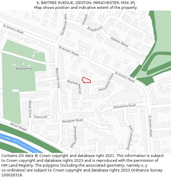 9, BAYTREE AVENUE, DENTON, MANCHESTER, M34 3FJ: Location map and indicative extent of plot