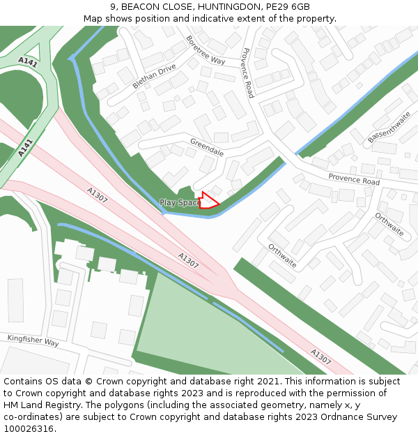 9, BEACON CLOSE, HUNTINGDON, PE29 6GB: Location map and indicative extent of plot