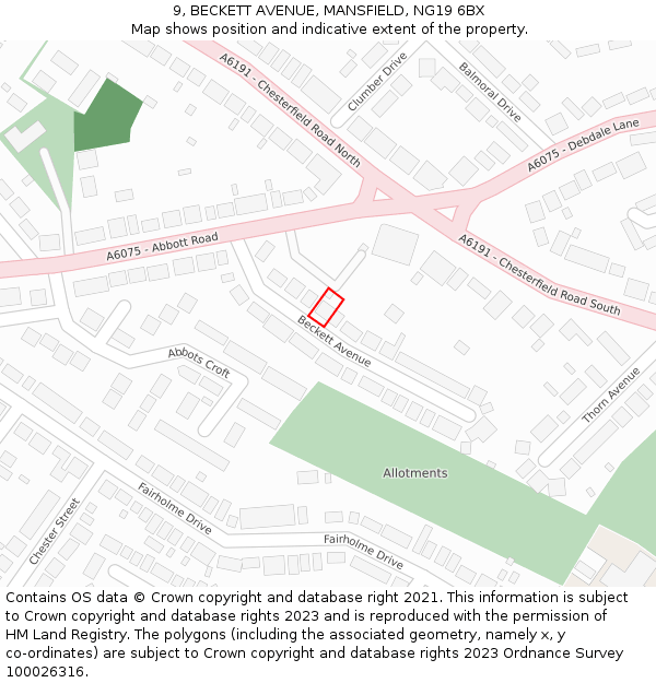 9, BECKETT AVENUE, MANSFIELD, NG19 6BX: Location map and indicative extent of plot