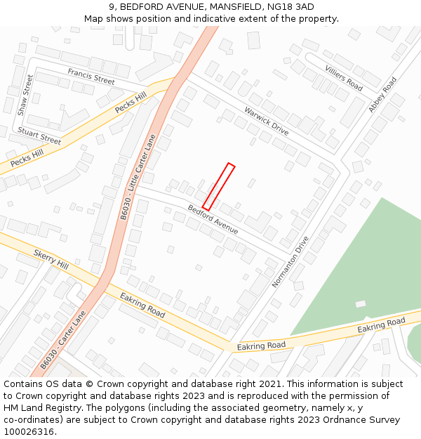 9, BEDFORD AVENUE, MANSFIELD, NG18 3AD: Location map and indicative extent of plot