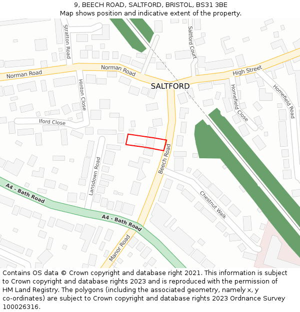 9, BEECH ROAD, SALTFORD, BRISTOL, BS31 3BE: Location map and indicative extent of plot