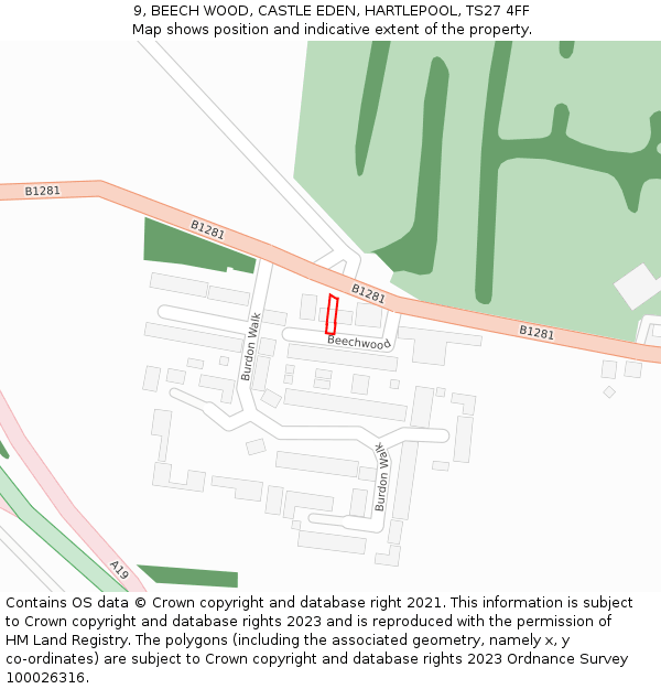 9, BEECH WOOD, CASTLE EDEN, HARTLEPOOL, TS27 4FF: Location map and indicative extent of plot